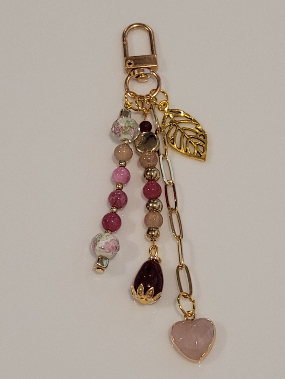 New Pink Bead and Gold Leaf Charm Bag Charm / Keychain